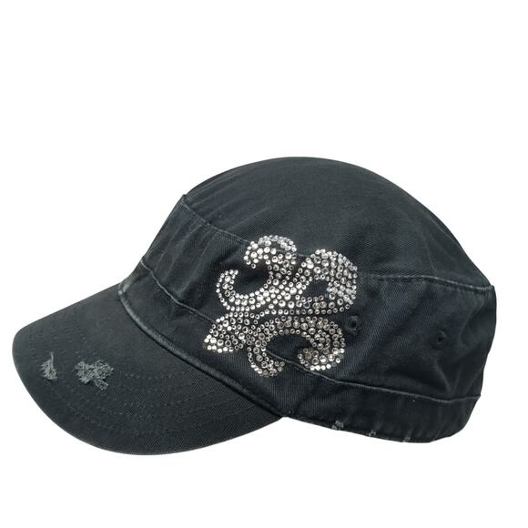 Fleur De Lis Strapback Cadet Army Cap Black One Size Adjustable Rhinestone Ha - Picture 1 of 9